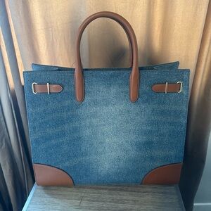 Lauren Ralph Lauren Denim Leather Trimmed Tote Bag NWT Retail $395
